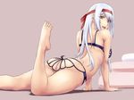  arched_back arm_support ass barefoot butterfly_wing_panties feet from_behind hairband ishii_hisao kantai_collection leg_up lingerie long_hair looking_at_viewer looking_back midriff revealing_clothes shoukaku_(kantai_collection) silver_hair simple_background solo underwear yellow_eyes 