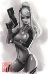  bodysuit breasts cosplay greyscale koyorin lips long_hair looking_at_viewer medium_breasts metroid monochrome neon_genesis_evangelion plugsuit ponytail samus_aran skin_tight solo souryuu_asuka_langley souryuu_asuka_langley_(cosplay) weapon zero_suit 