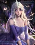  banned_artist bare_shoulders breasts bug butterfly cleavage dress forest horn insect lady_amalthea large_breasts long_hair looking_at_viewer nature purple_dress purple_eyes sakimichan solo the_last_unicorn the_unicorn_(the_last_unicorn) very_long_hair watermark web_address white_hair 