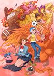  age_comparison ball birdramon brown_hair denim digimoji digimon digimon_adventure digimon_adventure_tri. eclosion full_body garudamon gloves hat holy_ring hououmon jeans multiple_girls multiple_persona nyokimon pants piyomon pyocomon short_hair soccer_ball takenouchi_sora telstar tsukishima_general_high_school_uniform 