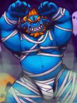 amane_charlie anthro belly blue_body bulge demon grin hair halloween hi_res holidays kings_of_hell male mummy_costume mummy_wrappings musclegut muscular navel nipples pecs red_hair smile solo tusks yama_(kings_of_hell)