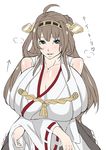  1girl absurdres bare_shoulders blue_eyes blush breasts brown_hair cleavage female gero_1992 gigantic_breasts hair_ornament highres kantai_collection kongou_(kantai_collection) long_hair looking_at_viewer shiny_skin simple_background solo white_background 