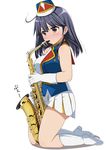  alto_saxophone band_uniform black_eyes black_hair blush boots breasts cosplay full_body gloves hat hibike!_euphonium instrument kantai_collection kneeling large_breasts music nijimoto_hirok playing_instrument saxophone shako_cap simple_background skirt solo tears trembling uniform ushio_(kantai_collection) white_background white_gloves 