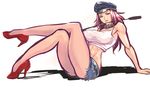  blue_shorts breasts covered_nipples crop_top crossed_legs denim denim_shorts final_fight full_body hat high_heels large_breasts legs long_hair long_legs looking_at_viewer midriff mikazuki_shigure peaked_cap pink_hair poison_(final_fight) red_footwear riding_crop shoes short_shorts shorts sitting slender_waist solo tank_top thighs toned tongue tongue_out white_background 