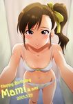  blush bra breasts brown_hair fitting_room futami_mami groin hair_ribbon idolmaster idolmaster_(classic) incoming_kiss lingerie looking_at_viewer navel panties parted_lips red_eyes ribbon side_ponytail small_breasts solo stomach sunsun69 underwear underwear_only 