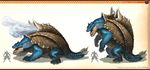  absurdres arvalis blastoise blue_skin crossover fusion gen_1_pokemon height_difference highres monster monster_hunter pokemon pokemon_(creature) spikes tail ukanlos 
