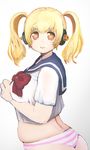  bad_id bad_pixiv_id blonde_hair blush breasts headphones huge_breasts looking_at_viewer nitroplus no_pants onikuman open_mouth orange_eyes panties sailor_collar school_uniform serafuku short_hair solo striped striped_panties super_pochaco twintails underwear 