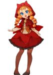  animal_ears animal_hood bad_id bad_pixiv_id bangs black_legwear blonde_hair blue_eyes blunt_bangs blush braid dress hood hukasikasi little_red_riding_hood_(p&amp;d) long_hair long_sleeves open_mouth pantyhose puzzle_&amp;_dragons red_dress smile solo twin_braids 