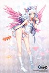  animal_ears argyle argyle_background between_legs blue_eyes blush bottomless bow cat_ears full_body hair_bow interitio long_hair looking_at_viewer multiple_wings no_panties no_shoes sailor_collar socks solo standing tail tail_between_legs unleashed white_hair white_legwear wings wrist_cuffs 