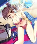  bag bikini breasts brown_eyes brown_hair can cleavage dutch_angle large_breasts original pov rankiryuu short_hair side_ponytail soda_can swimsuit thermos 
