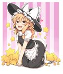  :d all_fours apron black_dress blonde_hair blush bow braid brown_eyes dress hat hat_bow heart kirisame_marisa kneeling lockheart open_mouth puffy_short_sleeves puffy_sleeves shirt short_sleeves single_braid smile solo star striped striped_background touhou v-shaped_eyebrows waist_apron white_bow witch_hat 