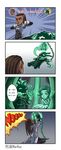  2boys 4koma ^_^ brown_hair chinese closed_eyes comic dark_skin dual_wielding gameplay_mechanics gloves green_eyes green_hair green_skin hairlocs heart highres holding key kusarigama lantern league_of_legends lock lucian_(league_of_legends) multiple_boys padlock senna_(league_of_legends) sickle tears thresh weapon wongyu x_x 