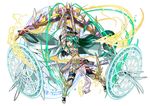  armor armpits artemis_(p&amp;d) bow_(weapon) breasts cape cleavage green_eyes green_hair kei_(keiclear) magic_circle medium_breasts midriff navel puzzle_&amp;_dragons solo weapon 