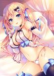  :p ayuma_sayu babydoll bed black_legwear blonde_hair blue_eyes blush bow breasts canopy_bed cleavage covered_nipples elbow_gloves gloves hair_bow jun'ai_maniac_~pure_love_maniac~ large_breasts long_hair looking_at_viewer lying navel on_side panties side-tie_panties smile solo thighhighs tongue tongue_out twintails underwear underwear_only white_gloves 