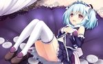  1girl :d blue_hair blush coin detached_sleeves frilled_skirt frills garter_straps hands_clasped highres navel oizumi open_mouth own_hands_together pillow purple_eyes sakana sitting skirt smile solo symbol-shaped_pupils thighhighs two_side_up white_legwear 