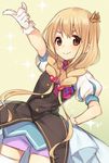  blonde_hair brown_eyes cowboy_shot crown doyagao futaba_anzu gloves idolmaster idolmaster_cinderella_girls long_hair low_twintails midorikawa_you mini_crown pointing shorts smile solo star!! thighhighs twintails white_gloves white_legwear 