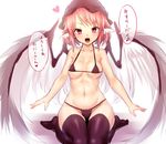  animal_ears ayagi_daifuku bare_shoulders bird_wings blush bra brown_legwear eighth_note hat heart looking_at_viewer musical_note mystia_lorelei navel open_mouth panties pink_hair red_eyes short_hair simple_background sitting smile solo speech_bubble stomach text_focus thighhighs touhou translated underwear underwear_only white_background wings 