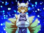  blonde_hair breasts dress fireflies fox_tail hands_in_opposite_sleeves hat large_breasts looking_at_viewer multiple_tails pillow_hat short_hair solo tabard tachi-e tail touhou white_dress yagami_(mukage) yakumo_ran yellow_eyes 