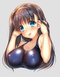  :p akashi_(akashimichi) black_hair blue_eyes blush breasts covered_nipples grey_background large_breasts long_hair looking_at_viewer mole mole_under_eye one-piece_swimsuit original school_swimsuit shiny shiny_clothes simple_background solo swimsuit tongue tongue_out upper_body 