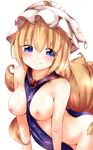  between_breasts blonde_hair blue_eyes breasts fox_tail hat highres izumi_yuuji_(trace_kouhosei) medium_breasts multiple_tails naked_tabard nipples nude pillow_hat smile solo tabard tail touhou yakumo_ran 