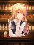  1girl alcohol arm_rest bangs bartender black_vest blonde_hair blush bottle braid breasts buttons chin_rest closed_mouth collared_shirt counter cup cup6542 dress_shirt drink drinking_glass eyebrows_visible_through_hair french_braid hand_up head_tilt highres indoors light_particles long_hair looking_at_viewer medium_breasts one_side_up original purple_eyes shirt smile solo vest white_shirt wine wine_bottle 