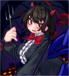  1girl alternate_ears animal_ears asymmetrical_wings black_dress blue_wings blush border bow bowtie breasts buttons center_frills commentary dress fake_animal_ears fang frills halloween highres holding_trident horns houjuu_nue jack-o&#039;-lantern large_breasts long_sleeves looking_at_viewer open_mouth red_bow red_bowtie red_eyes red_horns red_wings small_horns smile solo striped_horns touhou upper_body white_border wings zakozako_y 