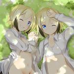  ;) blonde_hair blue_eyes bob_cut bra brown_hair dappled_sunlight dress_shirt erica_hartmann glasses long_sleeves misasagi_sasami multicolored_hair multiple_girls navel no_panties one_eye_closed open_clothes open_shirt out-of-frame_censoring shirt short_hair siblings sisters smile sports_bra strike_witches sunlight twins two-tone_hair underwear ursula_hartmann white_bra world_witches_series 