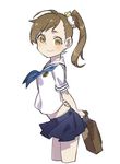  arms_behind_back brown_eyes brown_hair cropped_legs from_side futami_mami idolmaster idolmaster_(classic) leaning_forward looking_at_viewer midriff pleated_skirt school_briefcase school_uniform serafuku side_ponytail simple_background skirt smile solo spawnfoxy white_background 