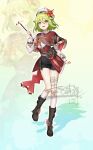  1girl :d absurdres aqua_background artist_name belt belt_pouch beret black_belt black_footwear black_shorts boots cloak commission corset flower foot_up full_body genshin_impact gradient_background green_hair hair_between_eyes hair_flower hair_ornament hand_up hat highres holding holding_brush holding_paintbrush knee_boots kneehighs long_sleeves multicolored_background open_mouth original paintbrush pouch puffy_long_sleeves puffy_sleeves red_cloak red_corset red_eyes red_flower shadow shirt short_hair short_shorts shorts smile socks solo standing standing_on_one_leg tachi-e watermark white_hair white_shirt white_socks yellow_background youzha_ligui zoom_layer 