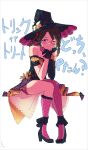  1girl :3 absurdres asymmetrical_bangs asymmetrical_legwear bare_shoulders black_hair blue_eyes braid braided_hair_rings check_translation commentary fishnet_socks fishnets gloves hair_rings halloween hat head_rest high_heels highres idolmaster idolmaster_shiny_colors mitsumine_yuika monocle single_thighhigh sitting socks solo thighhighs translation_request witch witch_hat ywr 