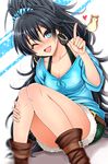  animal ankle_boots aqua_eyes bad_id bad_pixiv_id belt belt_boots black_hair blush boots breasts brown_footwear cleavage collarbone earrings fang ganaha_hibiki hamster idolmaster idolmaster_(classic) inu_(marukome) jewelry knees_together_feet_apart large_breasts long_hair one_eye_closed open_mouth ponytail shirt shorts sitting smile solo very_long_hair 
