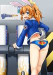  animal_ears ass blue_eyes bunny_ears bunny_tail charlotte_e_yeager from_behind highres jacket kunashiri_(etorofu) looking_back open_mouth orange_hair panties ponytail red_bull red_bull_air_races schematics solo sponsor strike_witches striker_unit tail underwear world_witches_series 