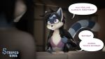 anthro black_hair blue_body blue_fur boobs?_wanna_touch_boobs? bra clothed clothing duo felix_(striped_sins) female fur furniture hair hi_res humor jacket living_room mammal meme open_clothing open_jacket open_topwear procyonid purple_eyes raccoon ryder_(striped_sins) sofa topwear underwear undressing willitfit