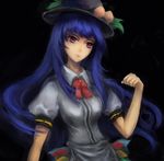  black_background blue_hair chen_feng_si dress faux_traditional_media food fruit hand_up hat head_tilt hinanawi_tenshi layered_dress leaf lips long_hair looking_at_viewer parted_lips peach red_eyes ribbon short_sleeves simple_background solo touhou 