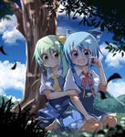  ascot barefoot blue_dress blue_eyes blue_hair blue_sky bow cirno cloud daiyousei dappled_sunlight day dress fairy_wings fang green_eyes green_hair hair_bow hair_ribbon hakobako multiple_girls open_mouth ribbon shade shirt sitting sky smile sunlight touhou tree wariza wings 