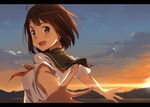  :d bad_id bad_pixiv_id black_eyes brown_hair cloud from_side kinta_(distortion) letterboxed looking_at_viewer open_mouth original outstretched_arms school_uniform serafuku short_hair short_sleeves sky smile solo spread_arms sun twilight upper_body 