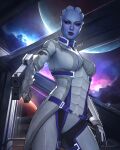  1girl absurdres alien asari_(mass_effect) blue_eyes blue_skin breasts clip_studio_paint_(medium) colored_skin dalejomej from_below gun highres holding holding_gun holding_weapon large_breasts liara_t'soni looking_at_viewer mass_effect_(series) planet science_fiction signature solo spacecraft_interior weapon 