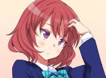  1girl akino_sora blush bow hand_on_head hand_on_own_head jpeg_artifacts love_live!_school_idol_project nishikino_maki portrait purple_eyes red_hair school_uniform short_hair solo 