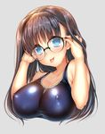  :p akashi_(akashimichi) black-framed_eyewear black_hair blue_eyes blush breasts covered_nipples glasses grey_background large_breasts long_hair looking_at_viewer mole mole_under_eye one-piece_swimsuit original school_swimsuit shiny shiny_clothes simple_background solo swimsuit tongue tongue_out upper_body 