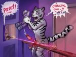 anthro binoculars biped bodily_fluids bullet castration cock_and_ball_torture cum dialogue duo english_text erection exposed_testicle fangs felid fur genital_fluids genital_mutilation genital_torture genitals gore gun hi_res holding_gun holding_object holding_ranged_weapon holding_weapon lenexwants male mammal mutilation open_mouth pantherine penectomy penis ranged_weapon severed_body_part severed_genitals severed_penis solo_focus speech_bubble striped_body striped_fur stripes tail teeth text tiger voyeur weapon white_body white_fur