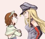  bare_shoulders bismarck_(kantai_collection) blonde_hair brown_hair capelet detached_sleeves eye_contact glasses hat kantai_collection long_hair looking_at_another lowres military military_hat military_uniform multiple_girls nda-p_(threelow) peaked_cap pince-nez roma_(kantai_collection) short_hair uniform 