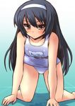  all_fours black_hair brown_eyes girls_und_panzer hairband highres long_hair one-piece_swimsuit reizei_mako school_swimsuit shinshin solo swimsuit white_school_swimsuit white_swimsuit 