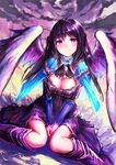  angel_wings blush boots breasts brooch cleavage haori_iori jewelry long_hair looking_at_viewer medium_breasts original purple_eyes purple_hair sitting smile solo two_side_up v_arms wariza wings 
