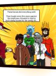 anthro arthropod arthur_gold_(light_realm) beetle black_clothing black_shirt black_topwear blue_hair bottomwear brown_clothing brown_jacket brown_topwear canid canine canis chazster clothing coat crown crystal_heart_(light_realm) dark_body dark_hair dark_skin dennis_spot_(light_realm) english_text eyewear female flower giraffe_weevil glasses gold_crown green_necktie group hair happy headgear hi_res horn human humanoid insect jacket kafuka lab_coat legwear light_realm:_artificial_island light_realm:_the_creation machine male mammal matt_brown_(light_realm) michael_taylor_(light_realm) money monocle natalie_rose_(light_realm) necktie nervous plant purple_flower red_uniform robot robot_humanoid shirt simple_background simplyer1c skirt standing text thigh_highs topwear unimpressed weevil white_clothing white_horn white_shirt white_topwear wolf yellow_background