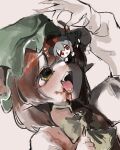  2girls animal_ears arm_up blood blood_from_mouth blush bow bowtie brown_eyes brown_hair cat_ears chen double-parted_bangs ears_through_headwear eyebrows_hidden_by_hair fangs frills grey_hair hand_up haniwa_kue hat highres imminent_vore looking_at_another medium_hair mini_person minigirl mob_cap mouse_ears multiple_girls nail_polish nazrin open_mouth red_eyes red_nails red_vest short_hair simple_background teeth tongue touhou upper_body vest white_background yellow_bow yellow_bowtie 