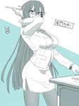  alternate_costume black_hair blush breasts commentary formal glasses hand_behind_head headgear ikeshita_moyuko jacket kantai_collection large_breasts long_hair miniskirt monochrome nagato_(kantai_collection) pantyhose pencil_skirt skirt skirt_suit solo suit translated 