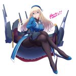  1girl ascot atago_(kancolle) beret black_gloves black_pantyhose blonde_hair blue_eyes blue_footwear blue_hat blue_overskirt breasts gloves hat high_heels invisible_chair kantai_collection large_breasts long_hair machinery military_uniform moke_ro pantyhose simple_background sitting solo thighband_pantyhose white_ascot white_background 
