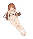  bare_legs barefoot bikini blush brown_hair collarbone from_above front-tie_top full_body hairband highres long_hair looking_at_viewer looking_up navel original pink_eyes simple_background sitting solo spawnfoxy swimsuit very_long_hair white_background white_bikini 