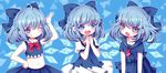  adapted_costume alternate_costume ascot blue_eyes blue_hair bow cheerleader cirno hair_bow midriff ribbon rimei school_uniform serafuku short_hair touhou wings 