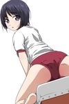  ass barefoot black_hair buruma eyebrows_visible_through_hair feet from_behind gym_uniform highres legs looking_back matsunaga_kouyou open_mouth original purple_eyes short_hair sitting soles solo vaulting_horse 